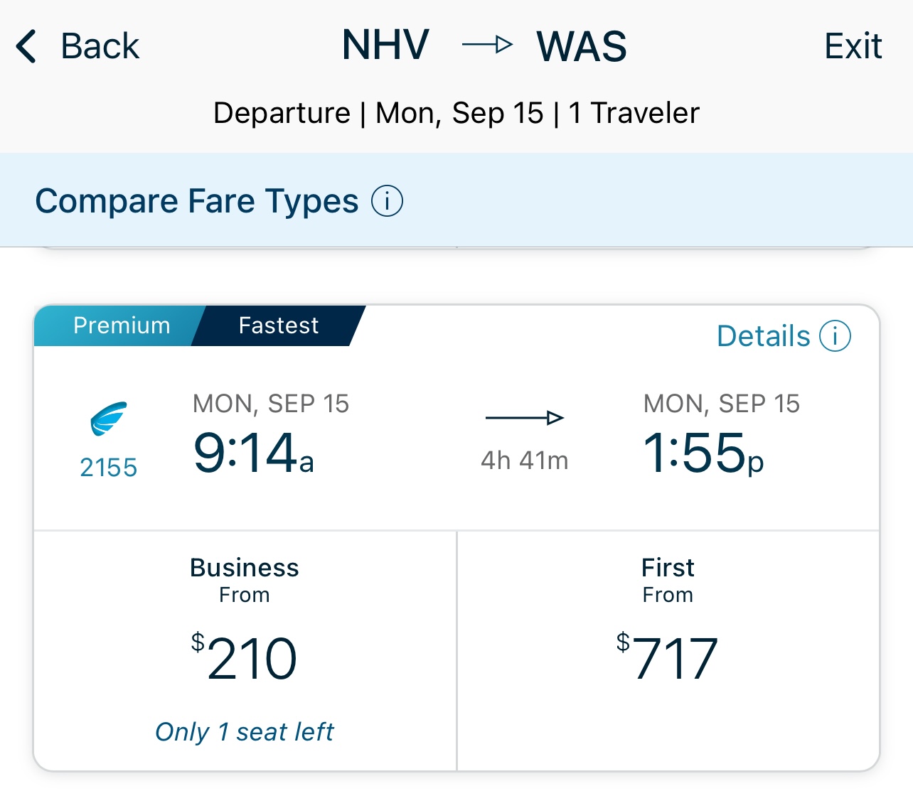 Train fare comparison: New Haven to DC, 4h 41m trip - Business $210, First $717.