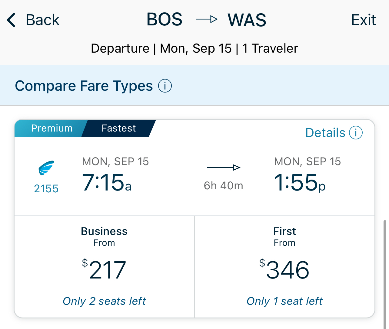 Train fare comparison: Boston to DC, 6h 40m trip - Business $217, First $346. The longer route costs less than the shorter New Haven route.